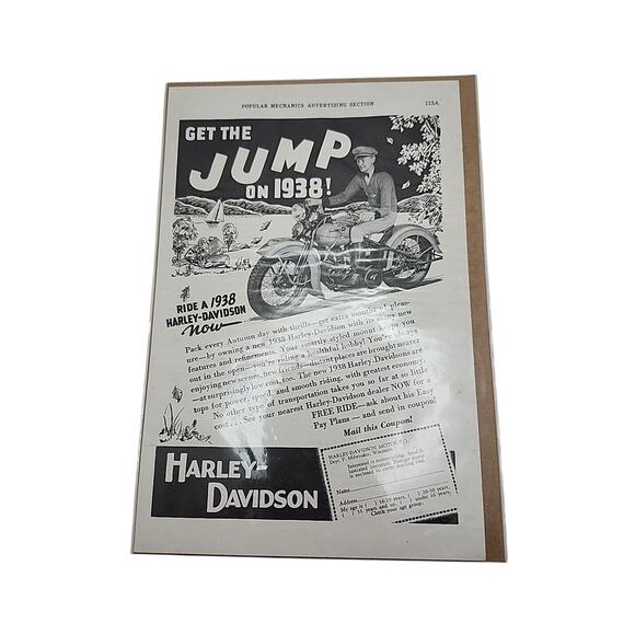 1937 Old Magazine Print Ad, Harley-Davidson Motorcycle, Get the Jump on 1938! - Picture 1 of 3